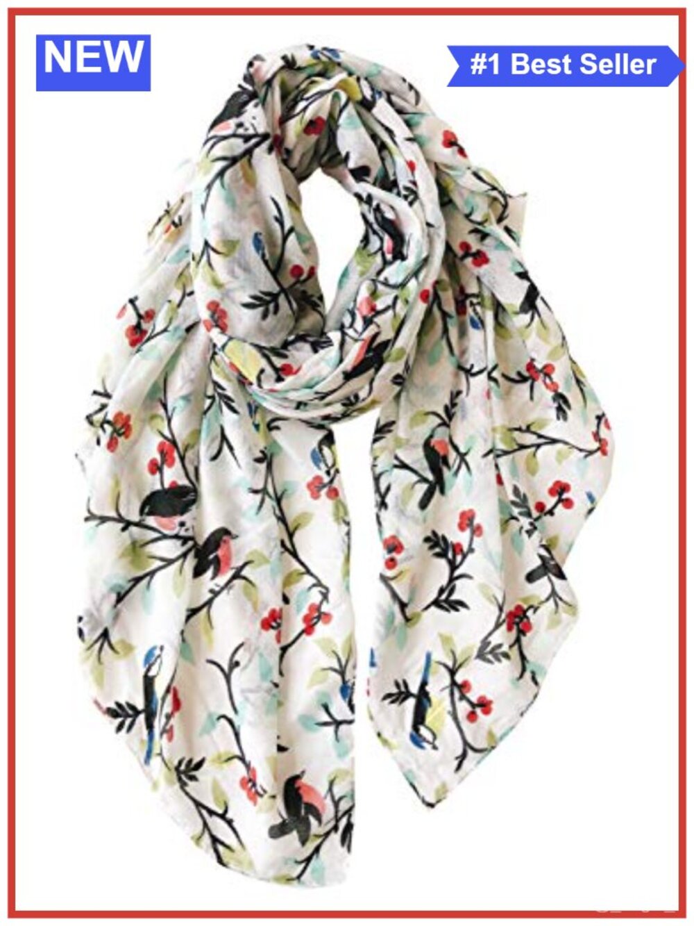 Lightweight Floral Birds Print Scarf Cotton Voile Feel Wrap Shawl